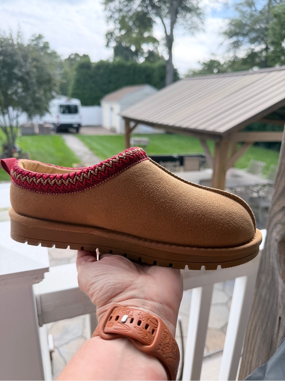 Kids Cozy Slip-On Shoe in Tan with Red Trim
